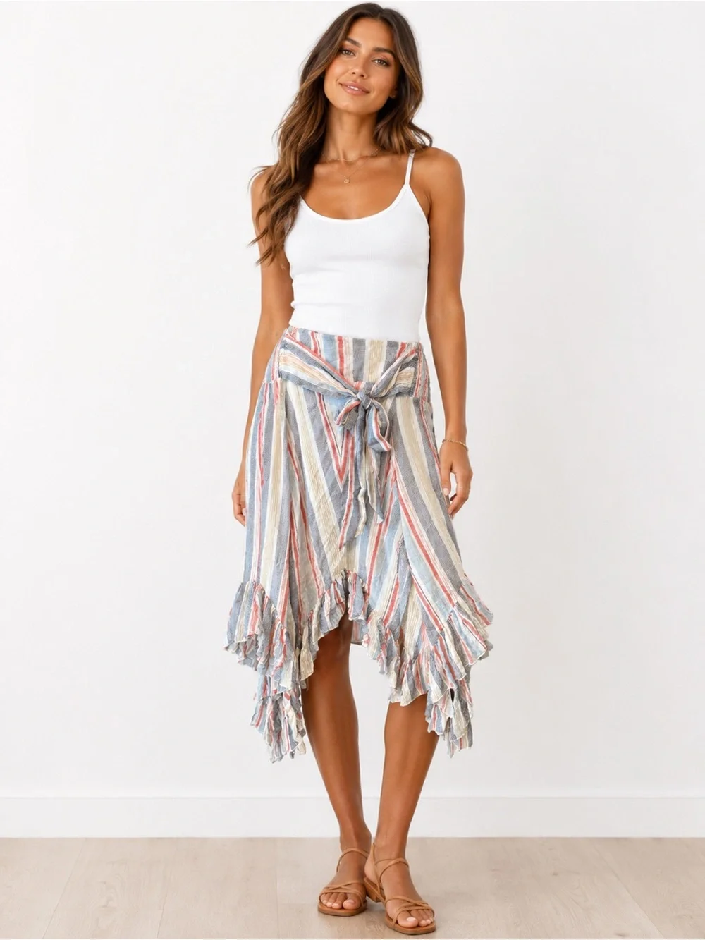 Versona Multicolor Striped Asymmetrical Ruffle Skirt - Picture 1 of 5
